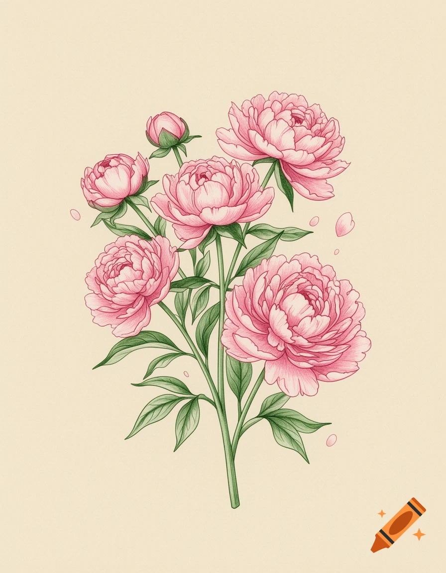 An elegant illustration of a bouquet of pink peonies with green leaves on a simple beige background.