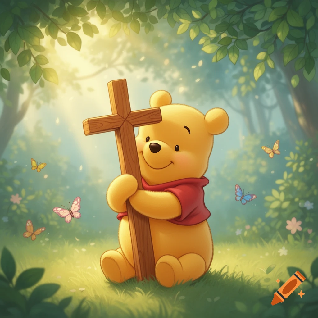 Cartoon Winnie the Pooh hugging a wooden cross in a sunny forest with butterflies.