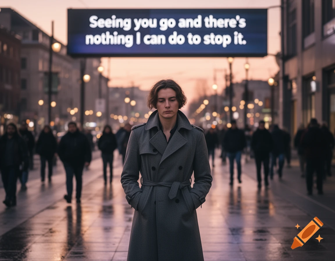 A person in a gray trench coat stands on a wet city street at dusk, beneath a sign reading "Seeing you go and there's nothing I can do to stop it."