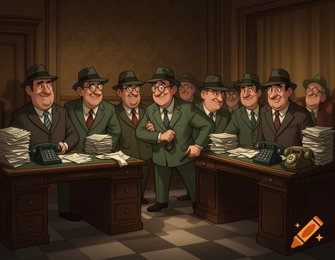 Group of smiling, portly cartoon men in suits and hats at office desks, surrounded by stacks of paper and old telephones.
