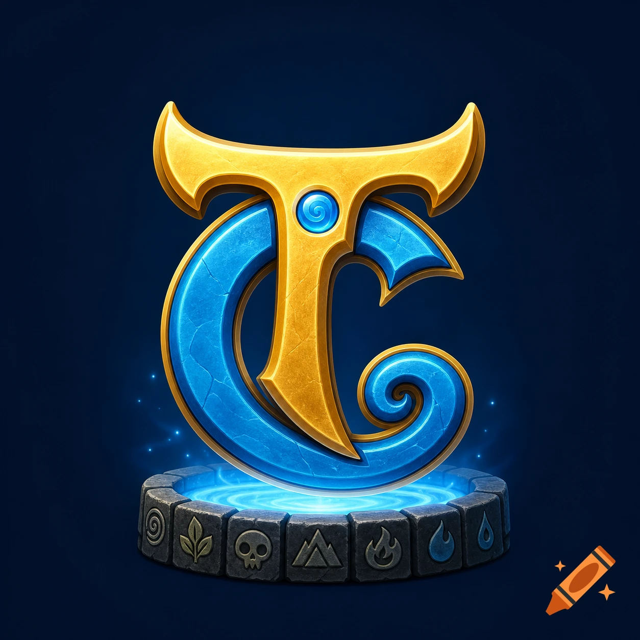 A stylized golden 'T' intertwined with a blue 'C', forming a magical emblem, resting on an elemental stone base with blue light.
