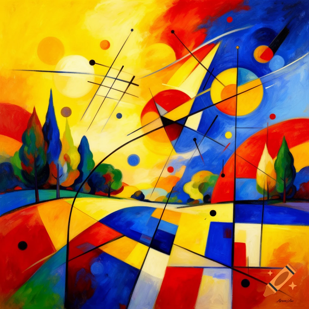 Vibrant abstract painting blending fauvist and expressionist styles. It features a colorful landscape with geometric shapes, lines, and circles.