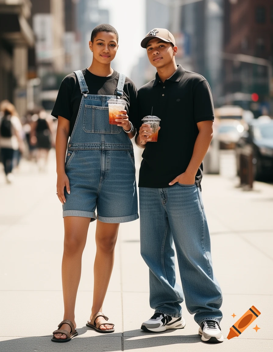 Two young adults, a woman in denim overalls and a man in a polo shirt and jeans, stand on a sunny city street holding drinks.