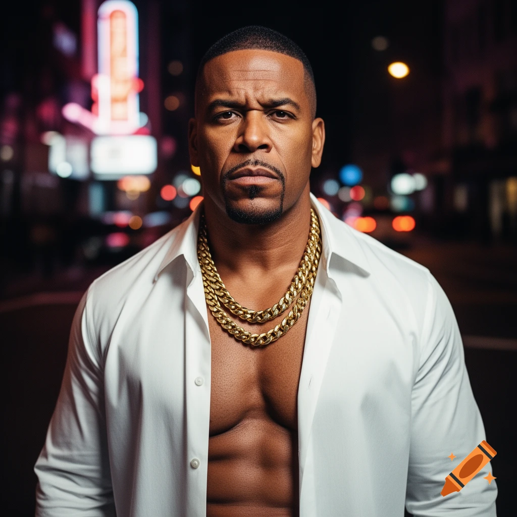 Photorealistic portrait of a muscular man with an open white shirt and two gold chains, standing against a blurred city street at night.