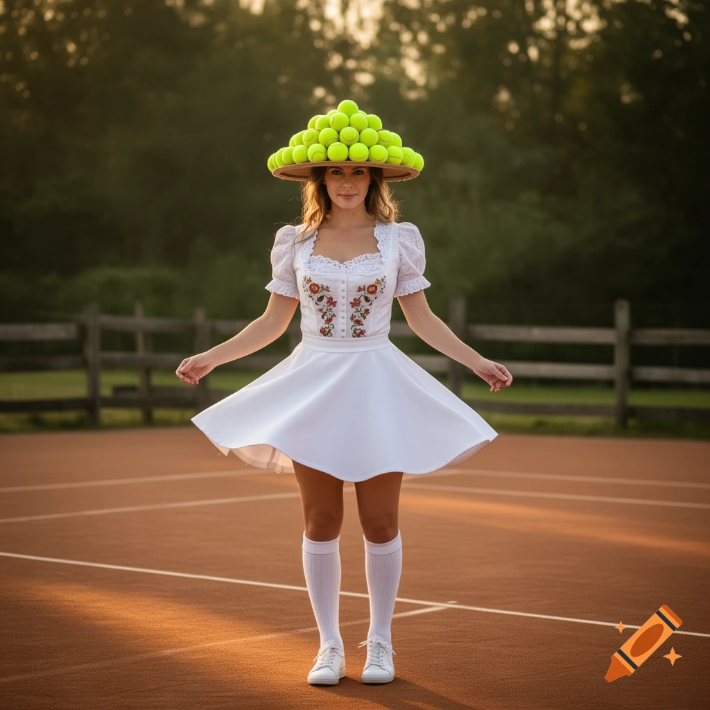 A woman in a white dress, white knee socks, and a hat adorned with tennis balls stands on a tennis court, looking at the camera.