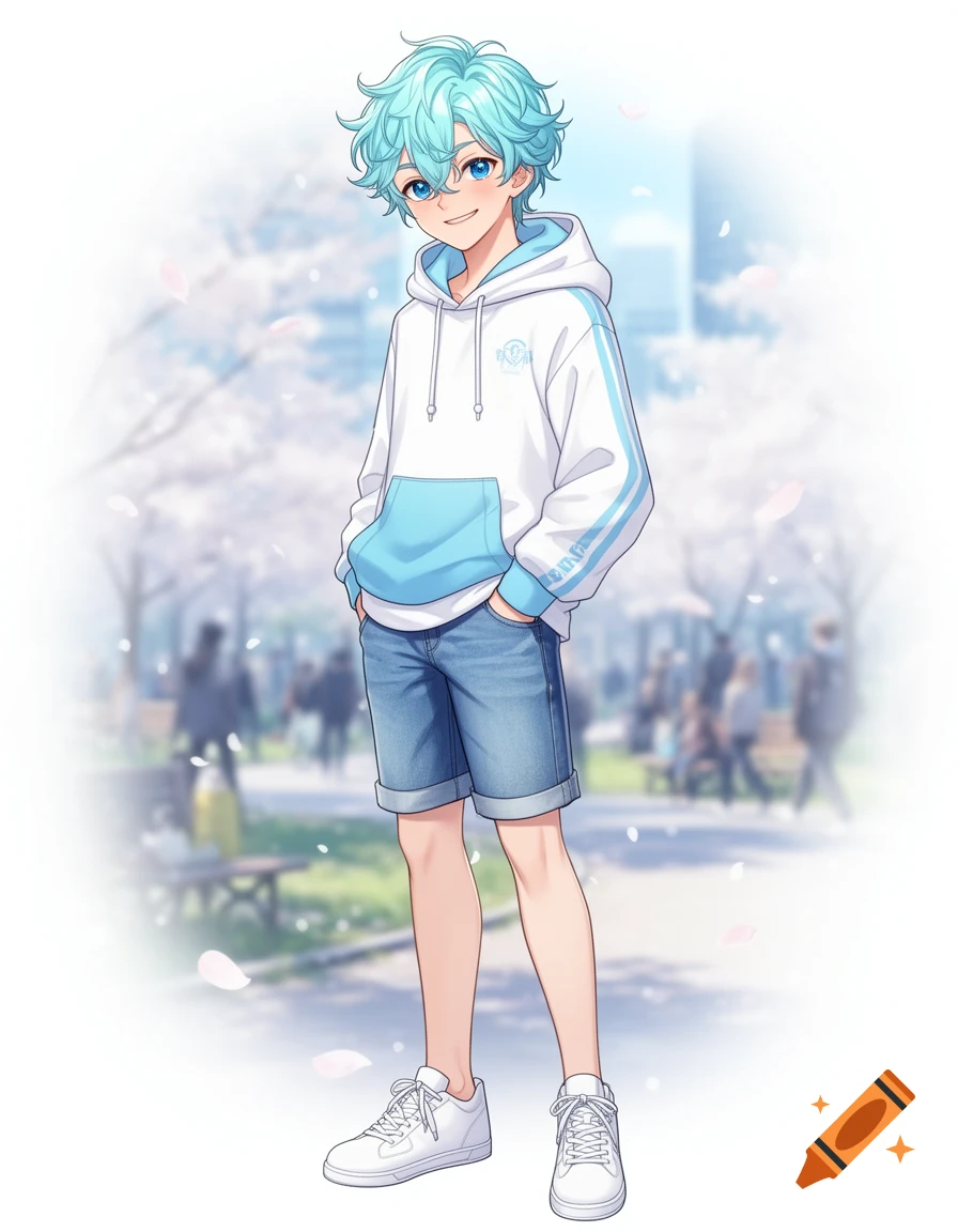 A smiling anime boy with bright blue hair, a white and blue hoodie, and jean shorts stands in a park.