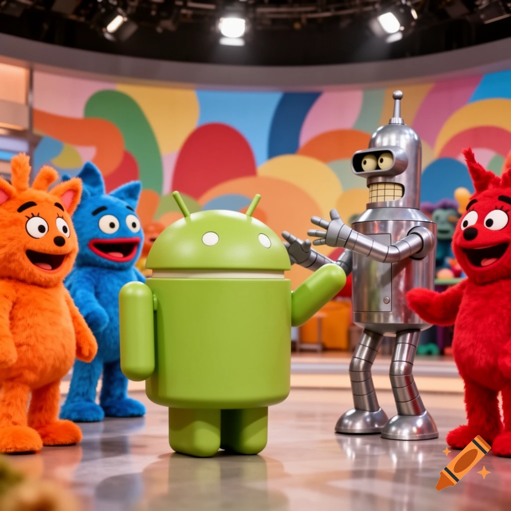 The green Android mascot, Bender, and three colorful furry characters (orange, blue, red) stand on a stage with a vibrant, abstract background.