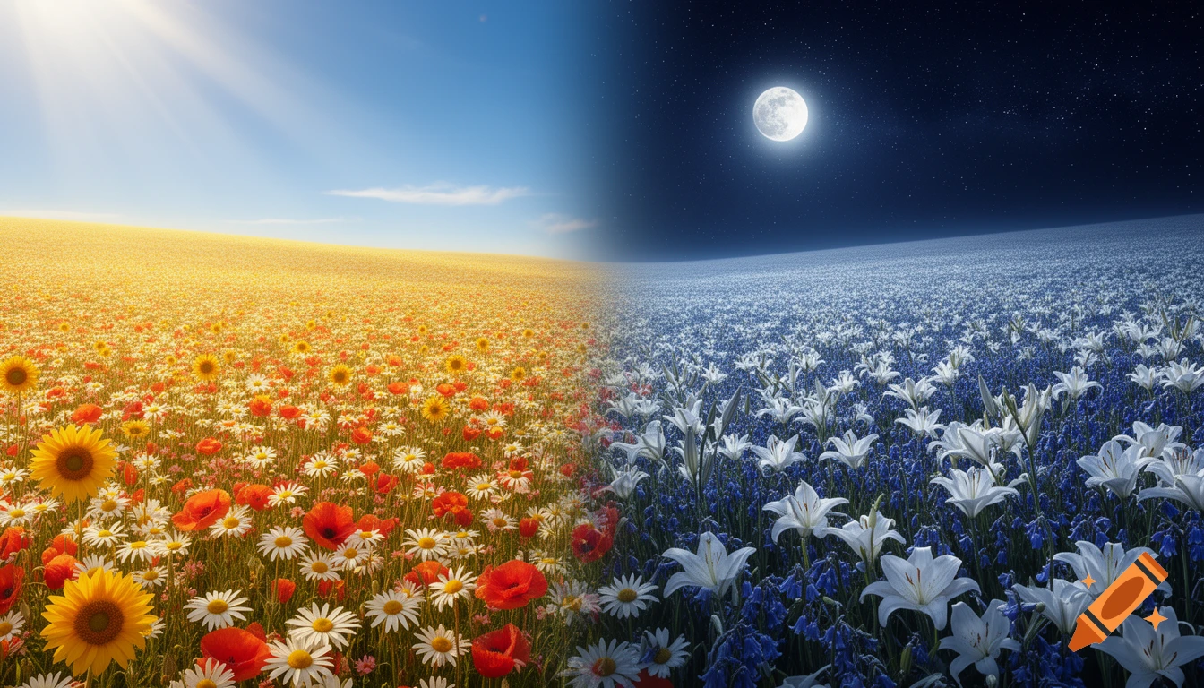 A flower field split by day and night. Left: sunny, yellow, red, white flowers. Right: starry night, full moon, white and blue flowers.
