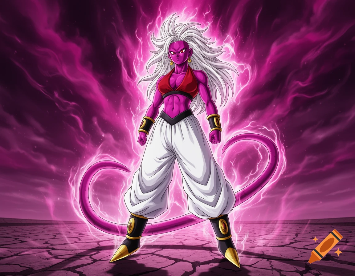 Magenta-skinned Android 21 with white spiky hair and pink aura, standing on cracked ground in anime style.