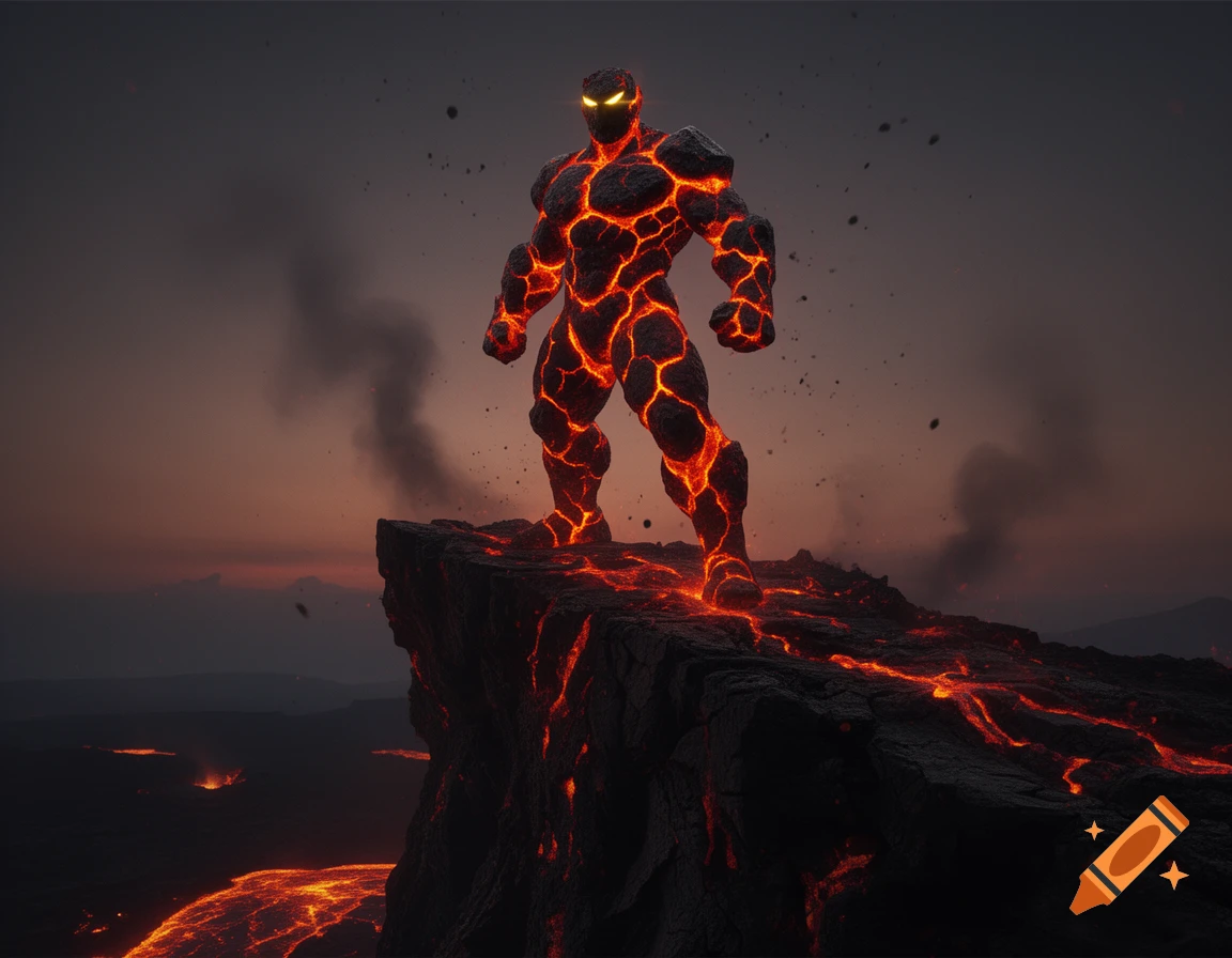 Muscular superhero made of glowing lava and dark rock stands on a cliff overlooking a volcanic landscape at sunset.