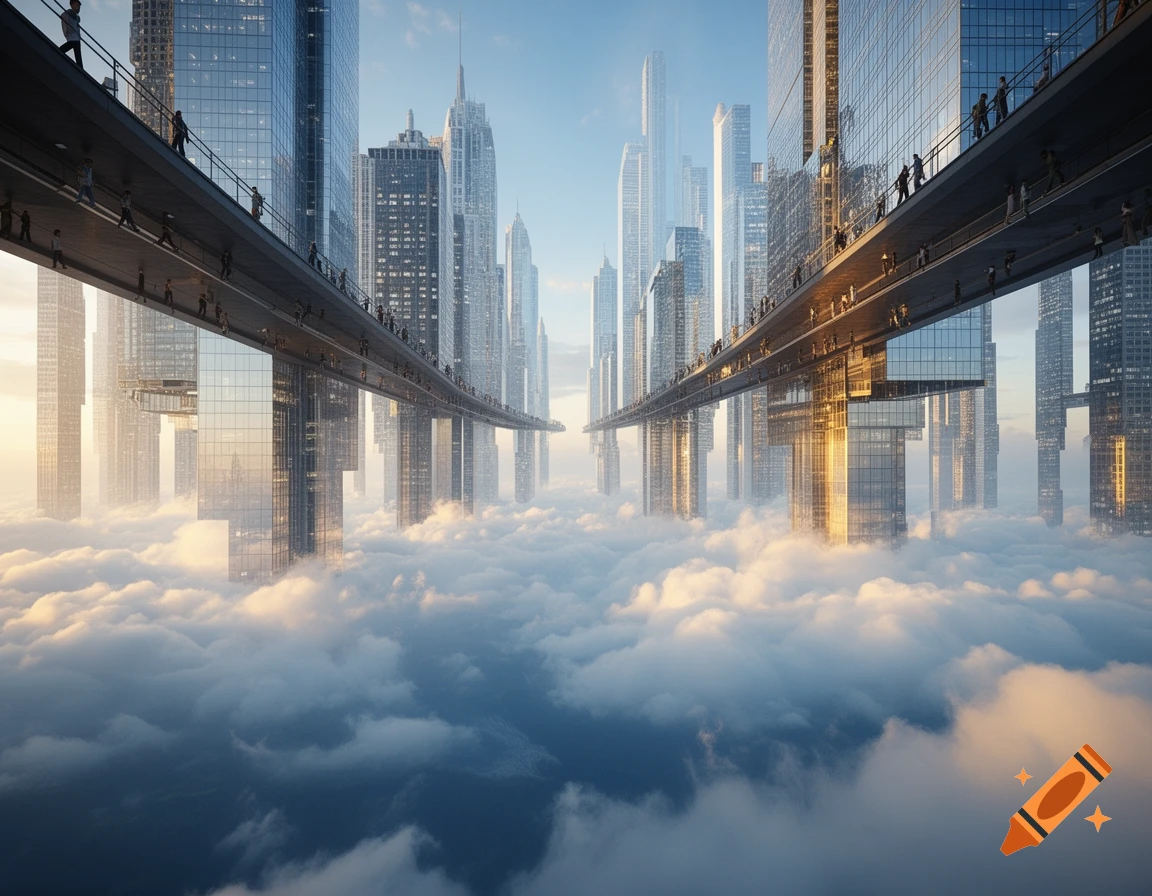 Photorealistic image of a futuristic cityscape with tall skyscrapers and elevated walkways above a sea of clouds.