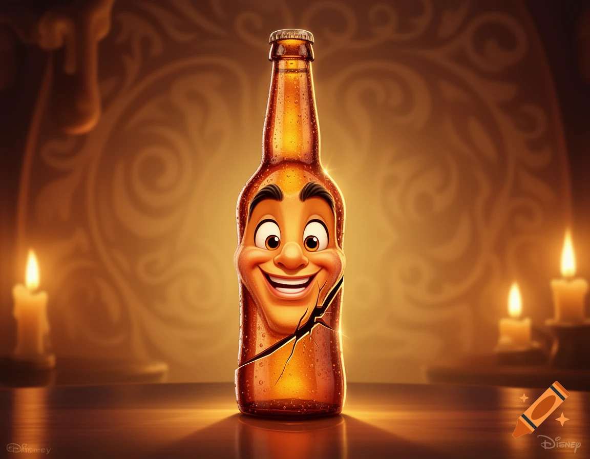 A cartoon beer bottle with a cheerful face resembling Disney's Chip, cracked, standing on a table with lit candles in a warm, ornate setting.