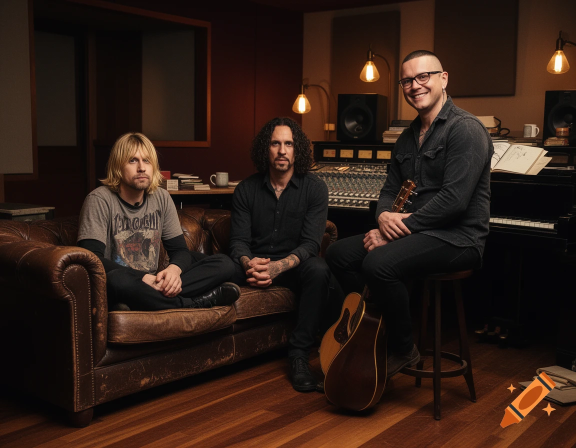 Three men, one resembling Kurt Cobain, sit in a recording studio. One on a couch, one in the middle, and one smiling on a stool holding a ukulele.
