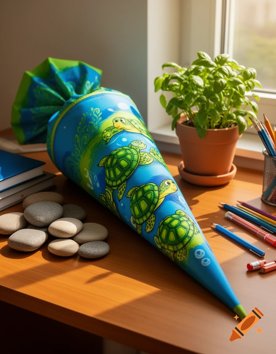 A blue and green school cone with cartoon turtle designs sits on a wooden desk with books, pencils, and a potted plant by a window.