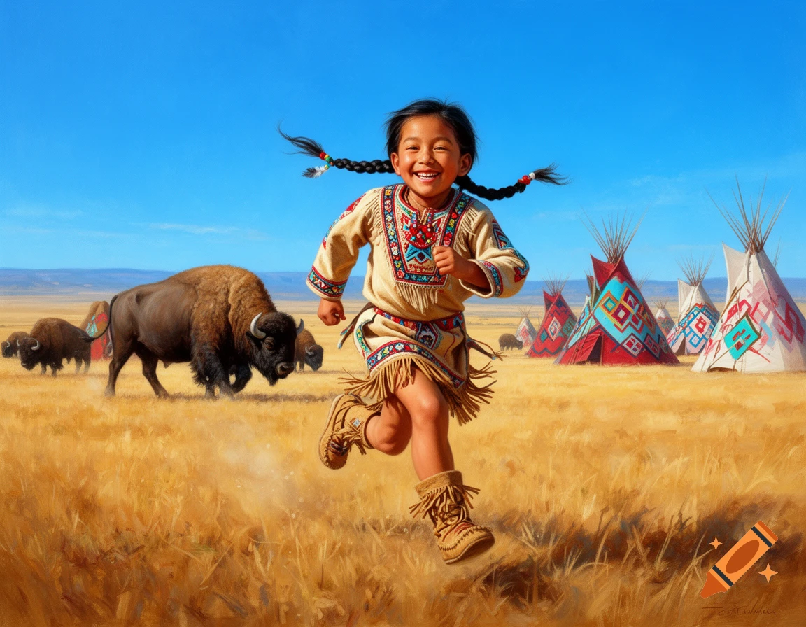 Joyful Native American girl with braids runs in a grassy plain with buffaloes and colorful tipis under a blue sky.