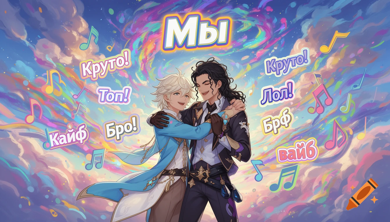 Two anime-style male characters embracing joyfully amidst colorful clouds and musical notes with Russian slang text.