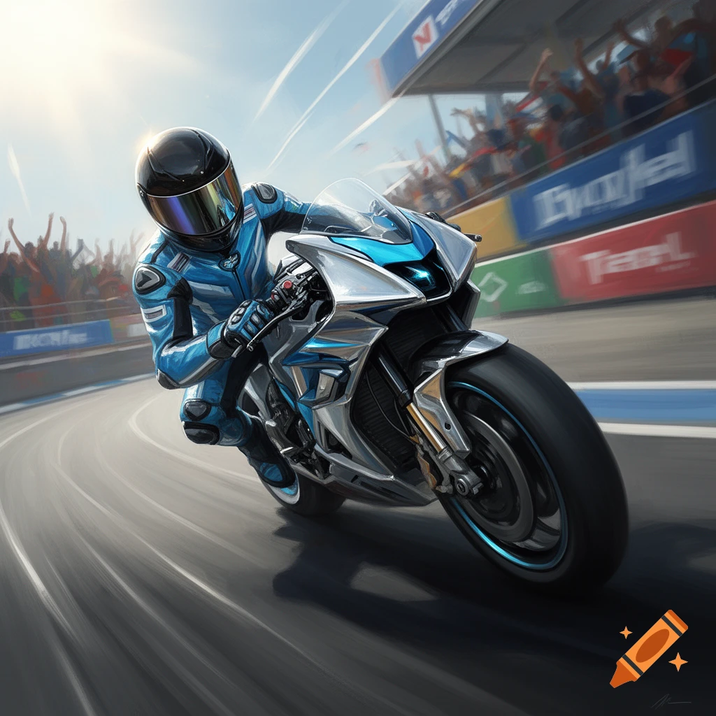 A stylized painting of a motorcycle racer in a blue suit and black helmet leaning into a turn on a track, with spectators and banners in the background.