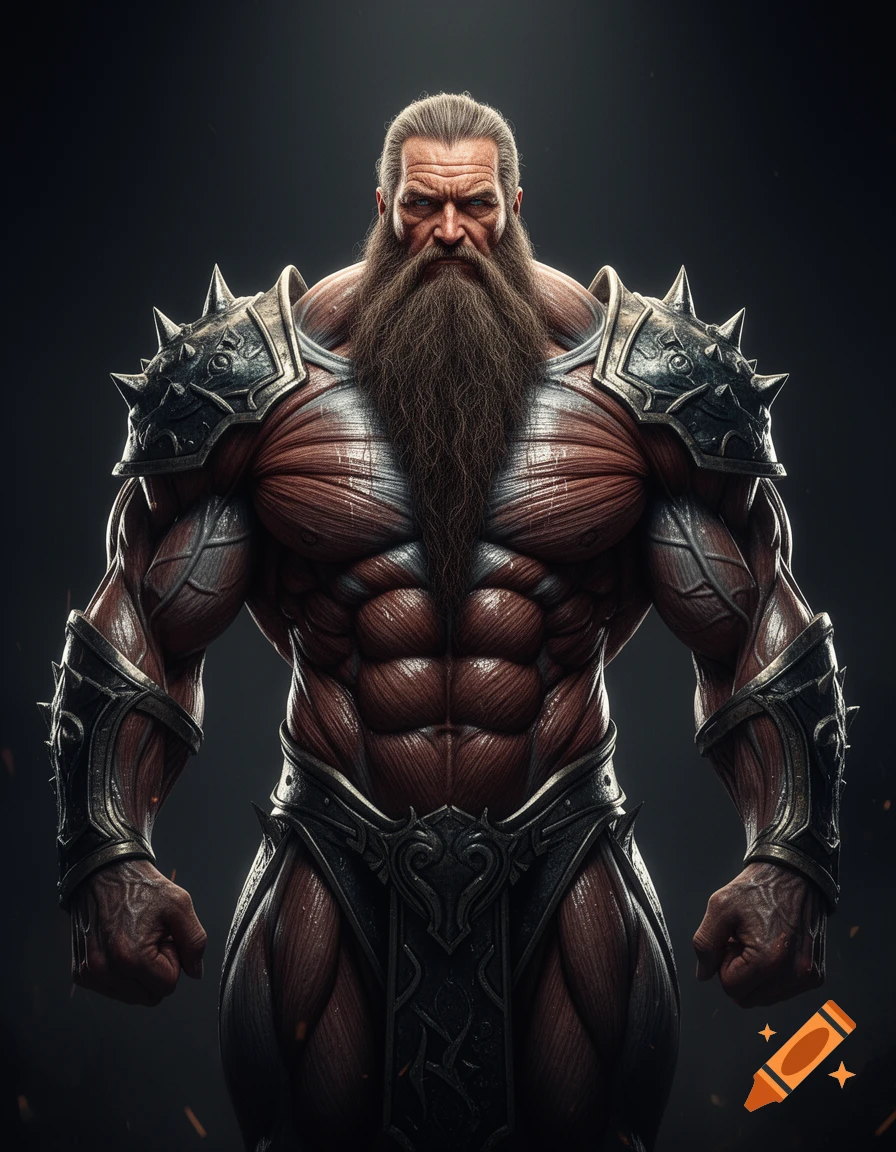 A hyper-muscular warrior with a long beard and spikey armor stands against a dark background in a detailed, dramatic render.