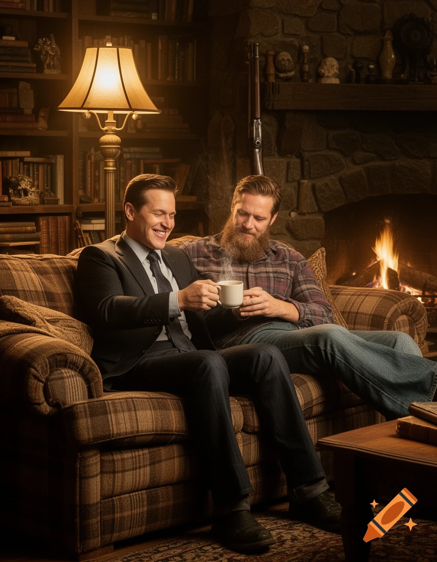 Two smiling men, one in a suit, one bearded in plaid, sit on a plaid couch by a fireplace, sharing coffee in a cozy room.