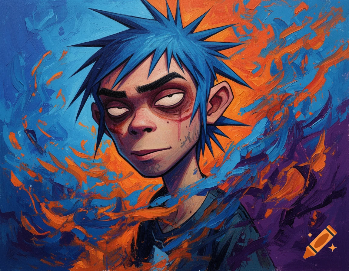 An abstract, expressive painting of 2-D from Gorillaz with blue spiky hair, against a vibrant blue and orange background with visible brush strokes.