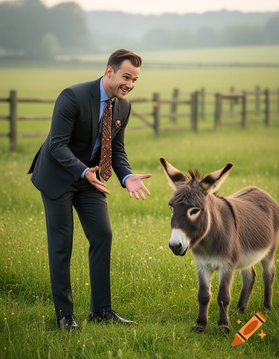 A man in a suit smiles and gestures towards a small donkey in a grassy field.