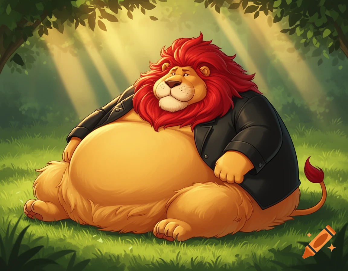 A cartoon, extremely obese red-maned lion with a giant belly and small limbs, wearing a black jacket, sits on green grass in sunlight.