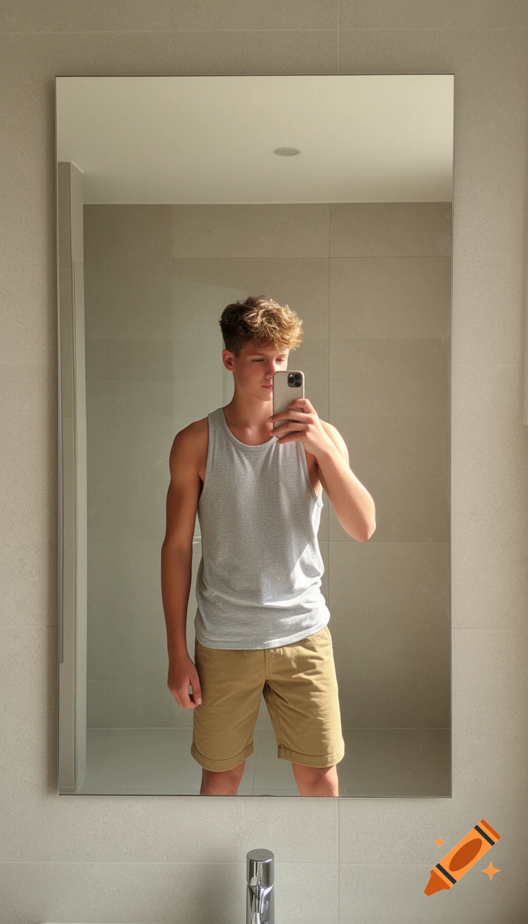 Teen male in a grey tank top and khaki shorts takes a mirror selfie in a modern bathroom.