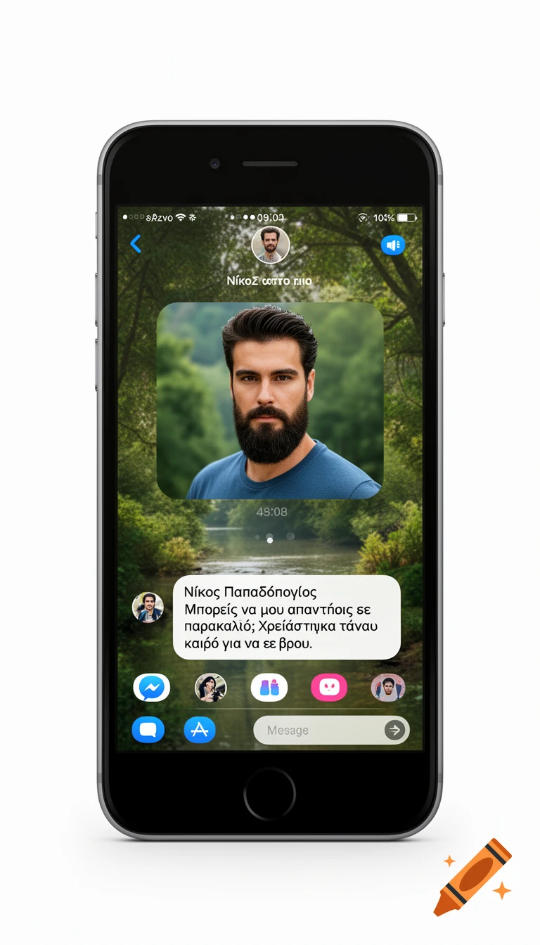 A photorealistic image of an iPhone displaying a messaging app. The screen shows a man with a beard as the main profile picture, and Greek text in a message bubble.