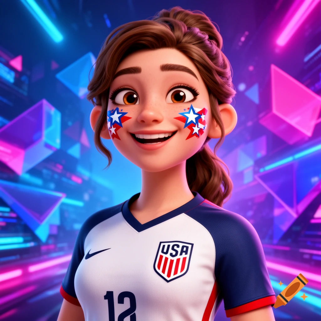 Smiling 3D animated woman in a USA soccer jersey with star face paint, set against a bright, colorful gaming background.
