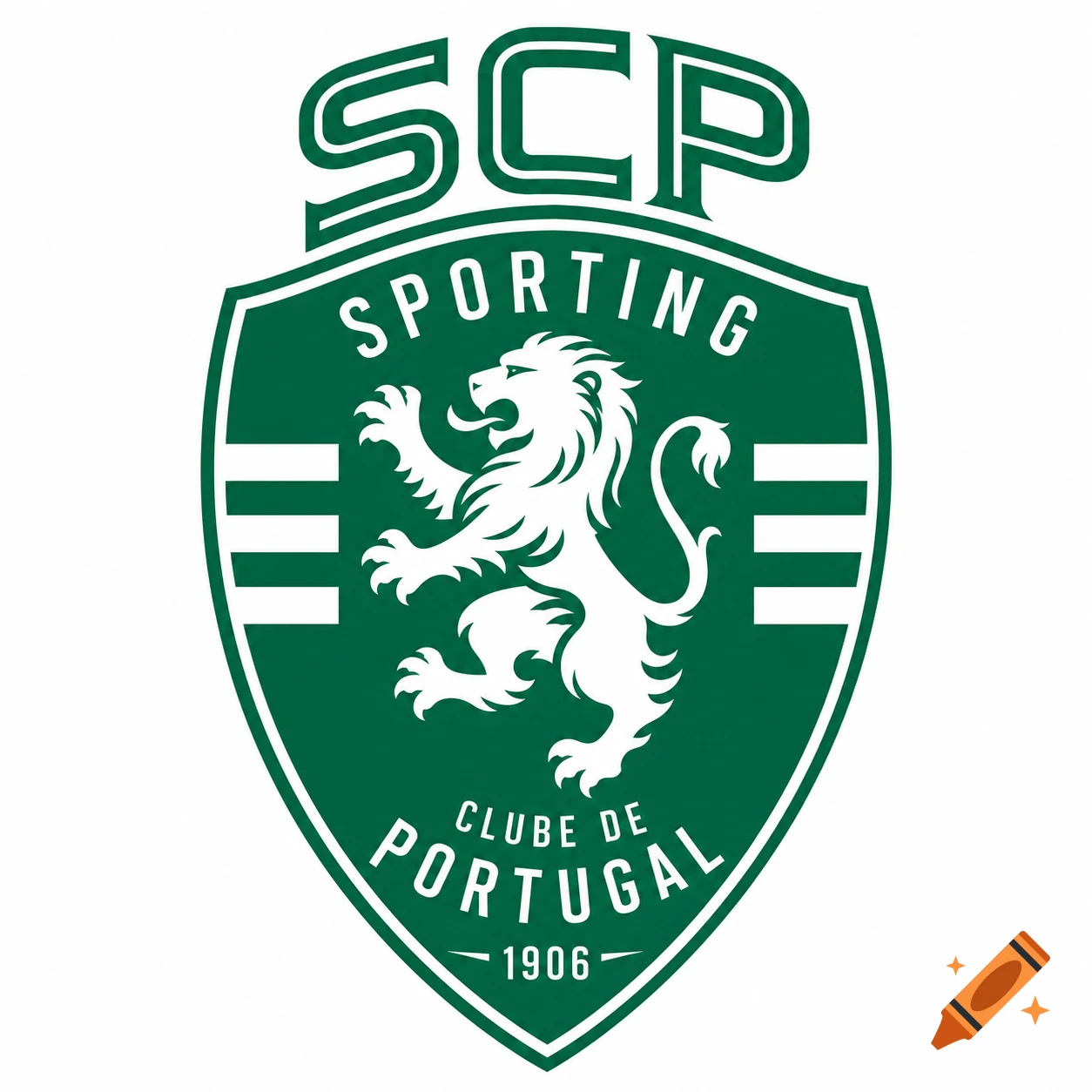 Green and white Sporting Clube de Portugal football club logo with a rampant lion, the letters SCP, and the year 1906.