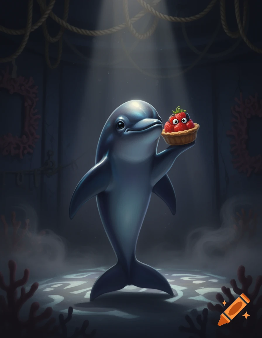 A cartoon dolphin holding a fruit tart with staring eyes in a dark, misty underwater-themed room with ropes and coral.