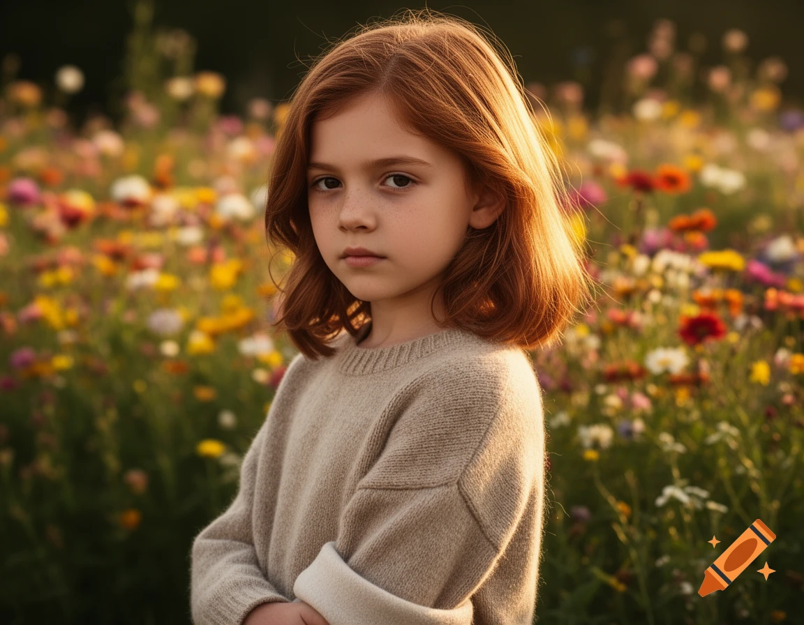 A young girl with red hair and freckles wears a beige sweater, looking directly ahead in a field of colorful wildflowers.