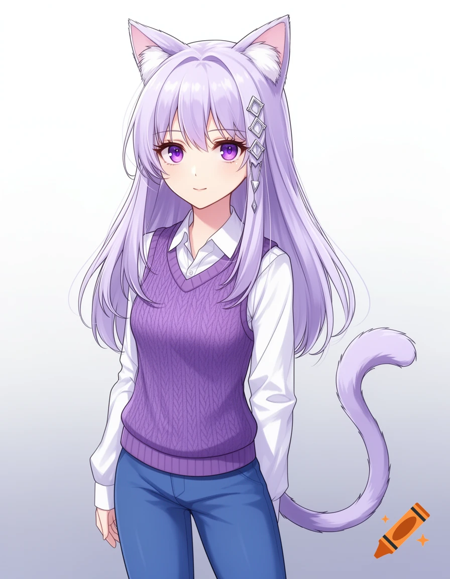 Anime catgirl with light purple hair, purple eyes, white shirt, purple sweater vest, blue jeans, and silver hair clips.