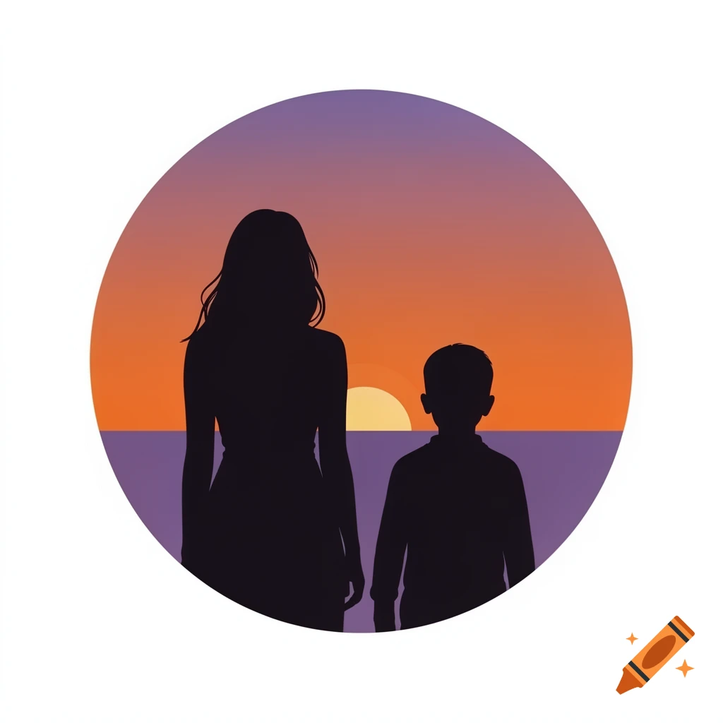 Silhouette of a woman and boy watching a sunset over the ocean in a circular frame.