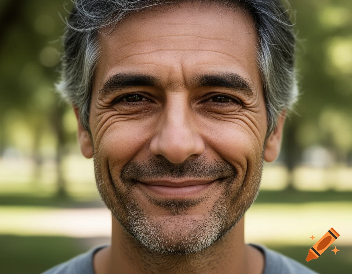 Close-up photorealistic portrait of a smiling man with graying hair and a beard, looking directly at the viewer.