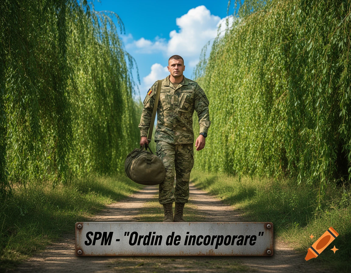Photorealistic image of a Romanian soldier in camouflage uniform walking on a dirt path with green trees, carrying a duffel bag. Text: SPM - "Ordin de incorporare".