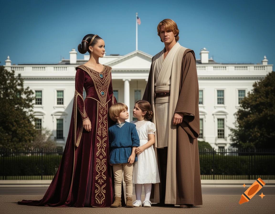 A man, woman, and two children in fantasy robes pose for a family photo in front of the White House, under a clear blue sky.