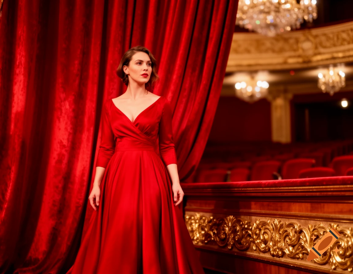 Woman in a red dress on a theater stage with red curtains and an ornate opera house background, photorealistic style.