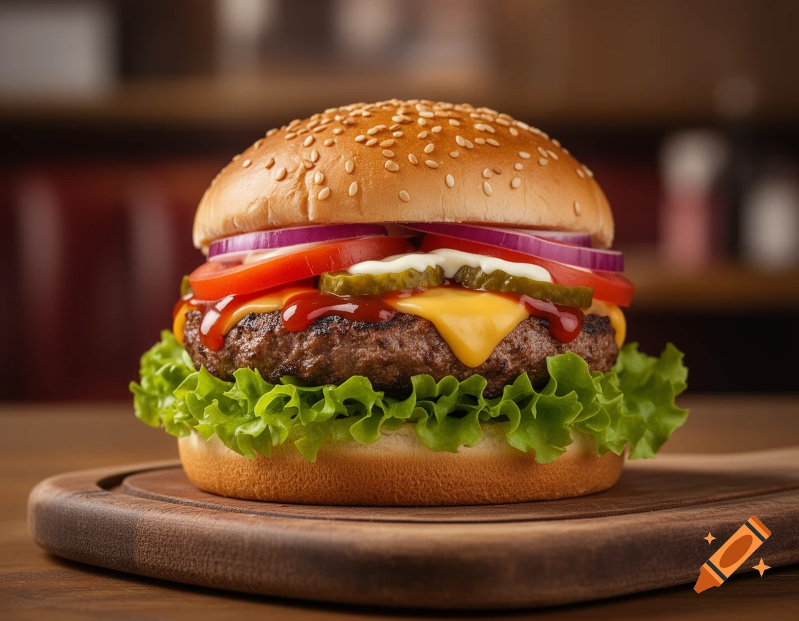 A detailed, close-up shot of a juicy cheeseburger with lettuce, tomato, onion, cheese, pickles, and sauces on a wooden board.