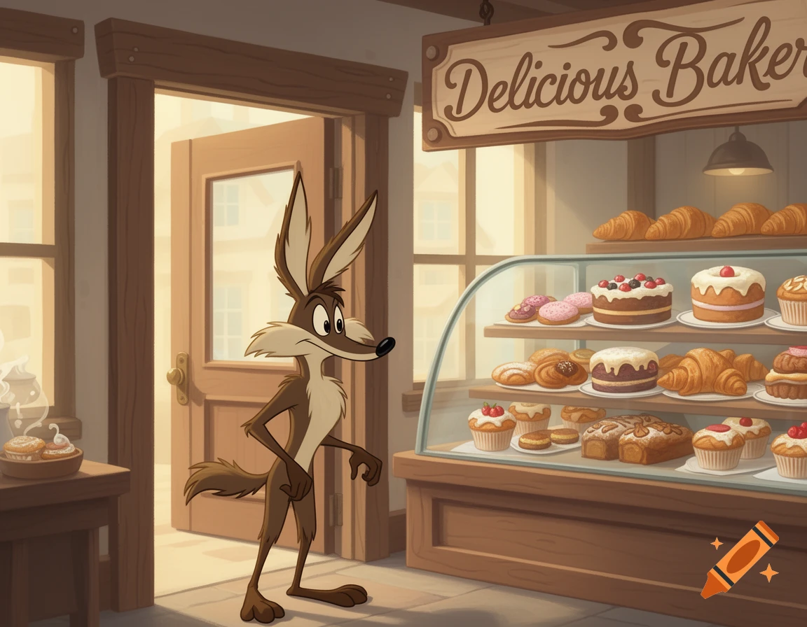 Wile E. Coyote stands inside a cartoon bakery, gazing at a display case filled with pastries and cakes.