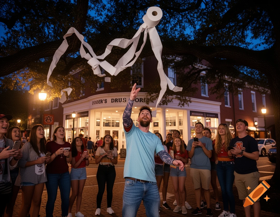 A man throws toilet paper into the air at night while a crowd of young adults watches and cheers. A building with a sign is in the background.