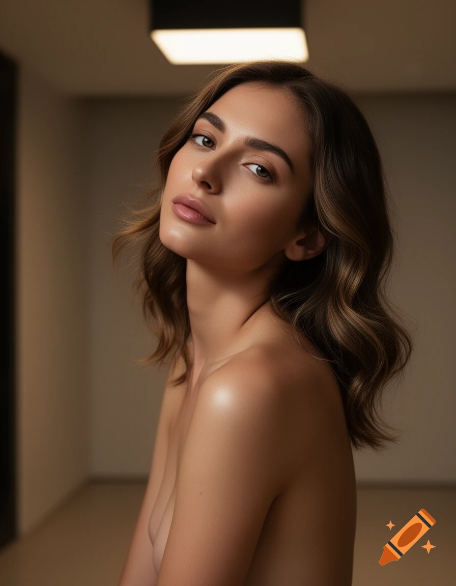 Photorealistic portrait of a woman with long wavy brown hair, bare shoulders, looking at the camera in warm lighting.