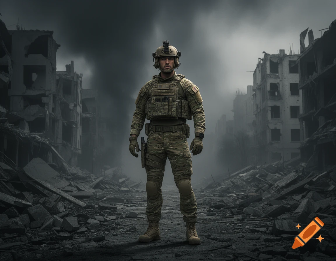 Photorealistic soldier in full military uniform standing amidst the rubble of a desolate, war-torn city under a stormy sky.