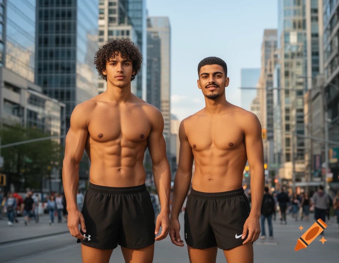 Two muscular men, shirtless and wearing athletic shorts, stand on a city street lined with tall buildings in this photorealistic image.