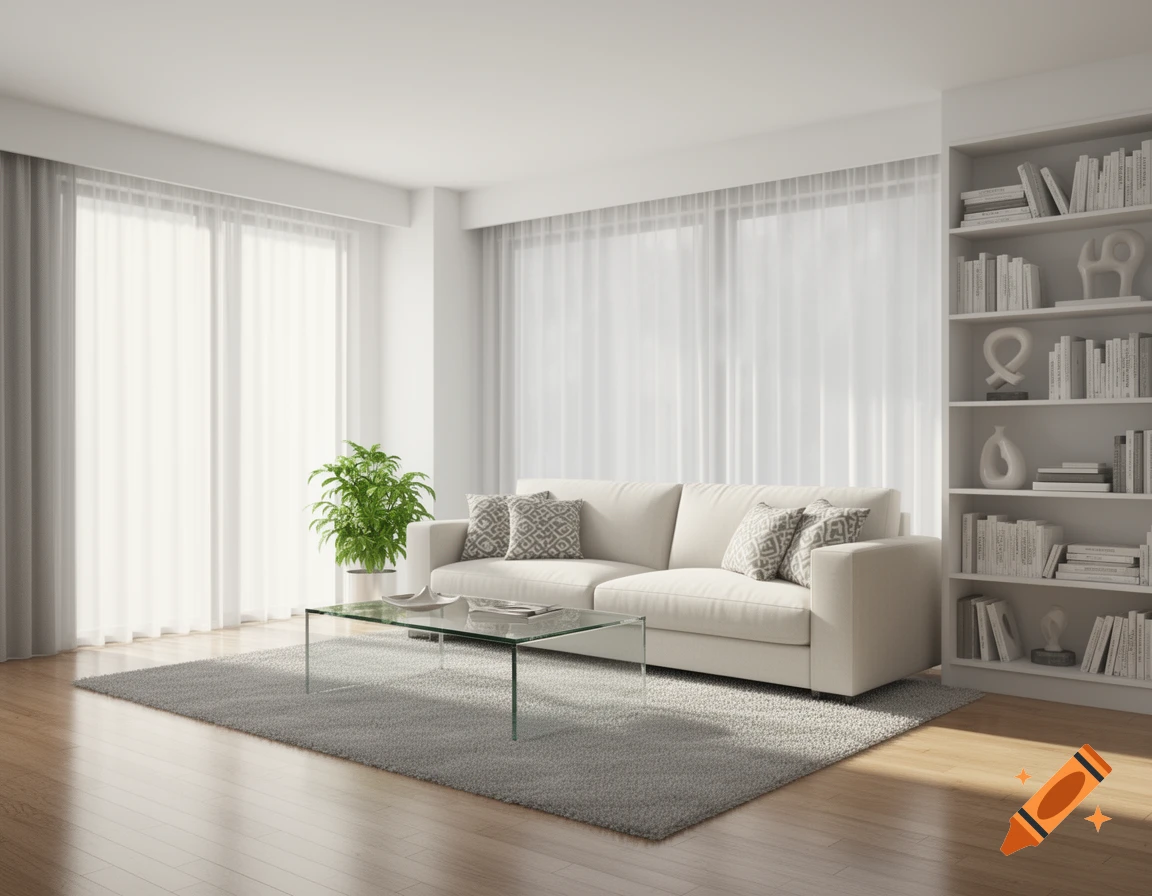 Modern living room with a cream sofa, glass coffee table, green plant, and a white bookshelf by sunlit windows.