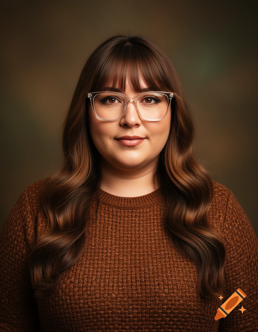 A woman with long brown hair and bangs, wearing clear-framed glasses and a brown textured sweater, looks forward in a studio portrait.