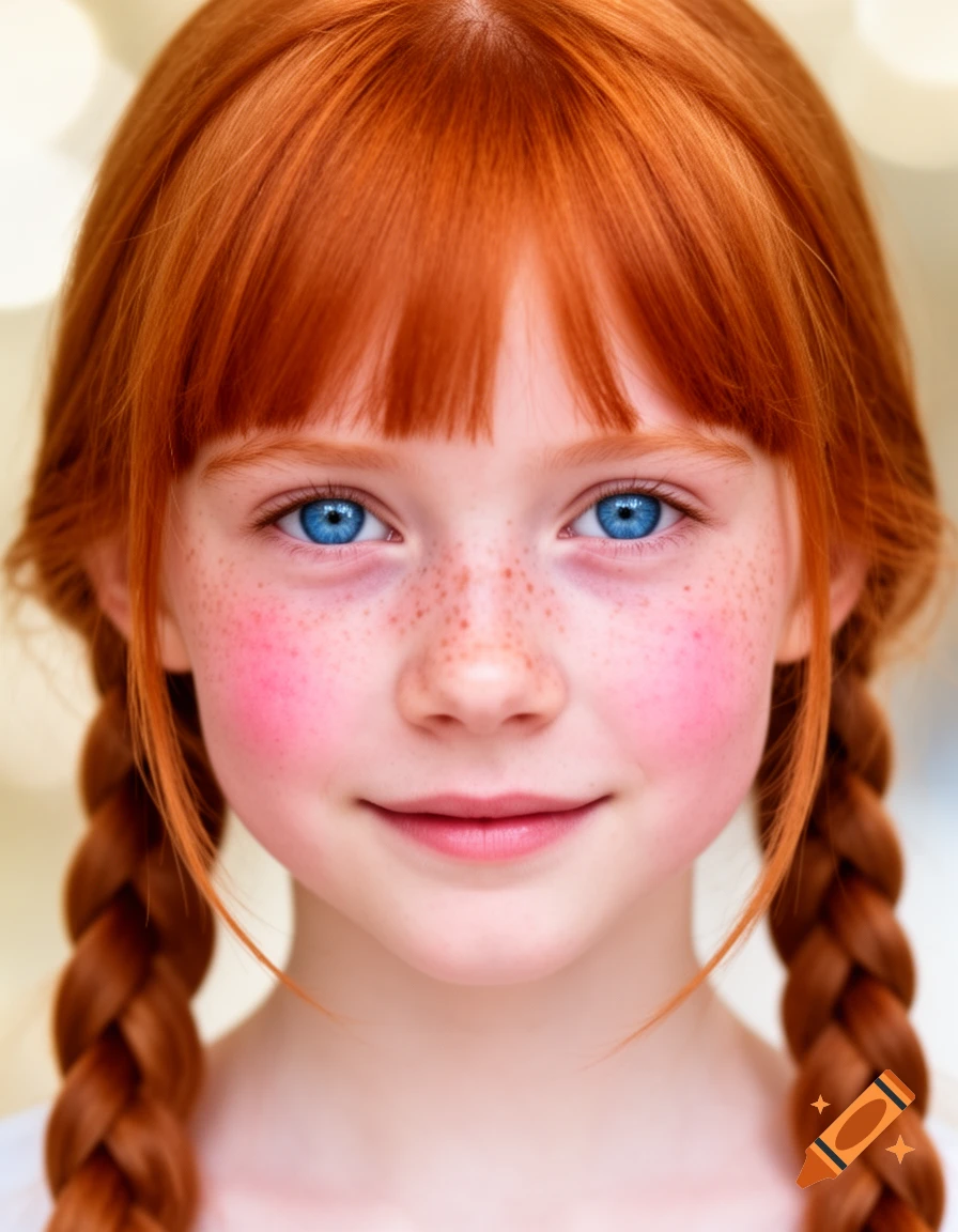 Close-up portrait of a young girl with bright red braided hair, bangs, blue eyes, and freckles on pink cheeks.