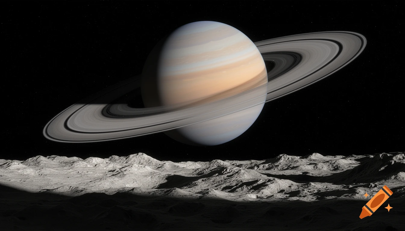Photorealistic depiction of Saturn with its rings, seen from a cratered moon surface against a starry black sky.