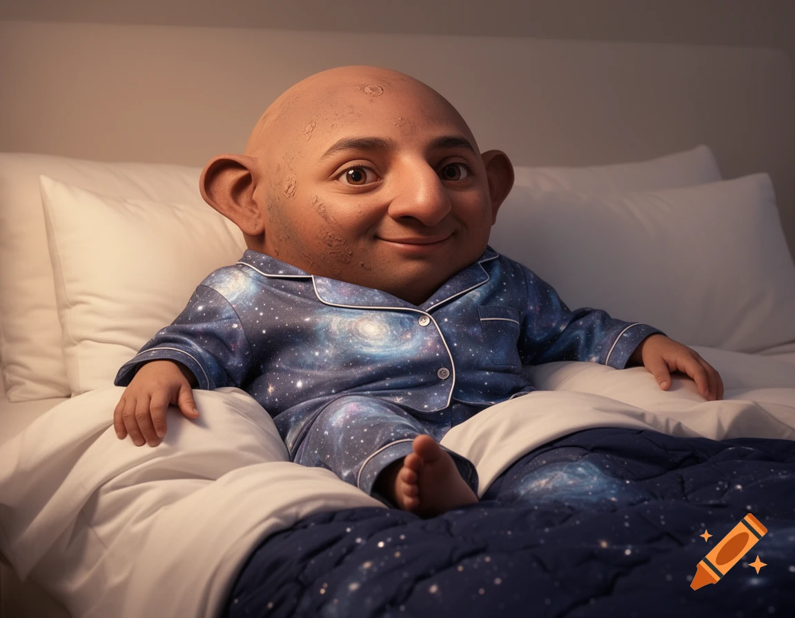 A bald, big-headed, small-bodied humanoid figure with large ears and a big nose smiles while lying in bed, wearing blue galaxy-patterned pajamas.