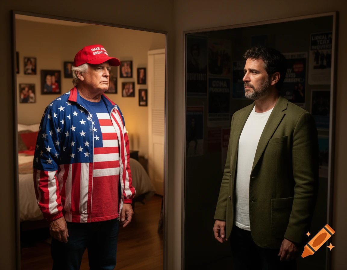 A man in a red "MAKE AMERICA GREAT AGAIN" hat and an American flag jacket looks into a mirror, seeing a reflection of a bearded man in a green blazer.